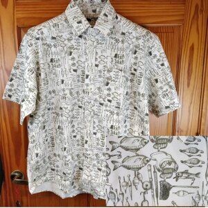 Woolrich Fishing Print Button Down Shirt Cotton XL Green Nature Hiking F…